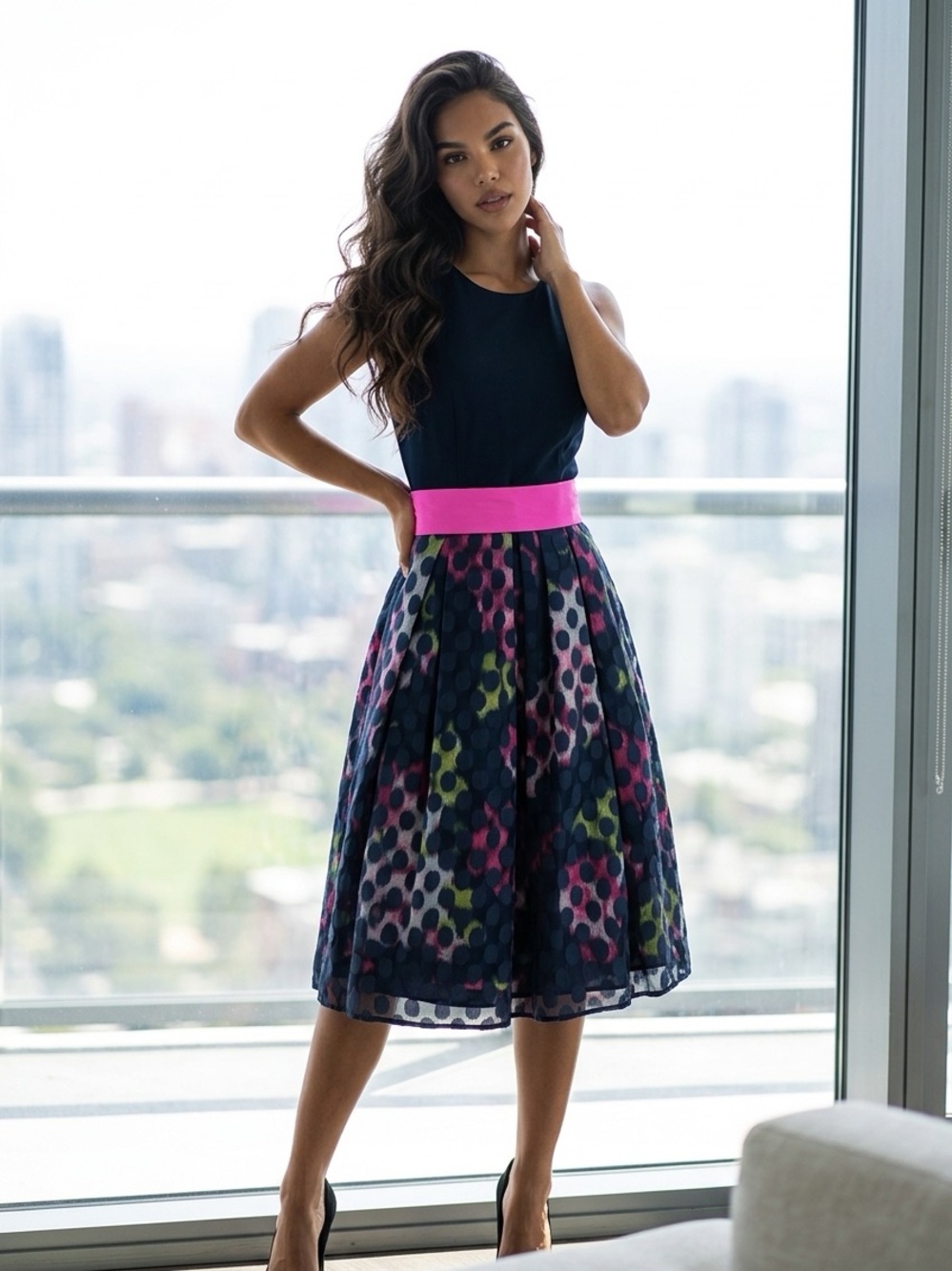 Eliza J Navy Midi Dress with Hot Pink Waistband and Multicolor Dot Skirt